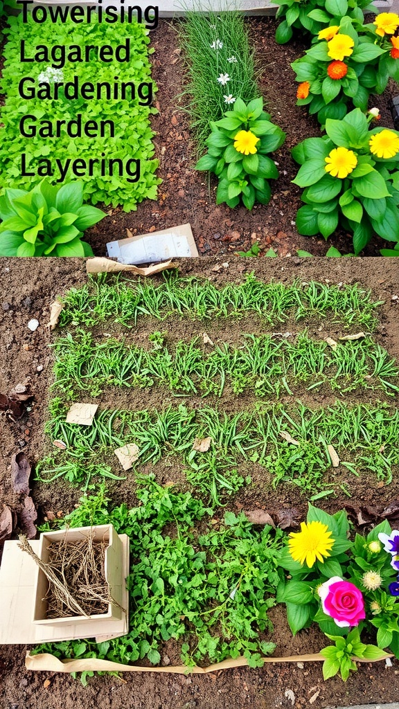 Layers of organic materials in a lasagna garden bed with thriving vegetables and flowers.